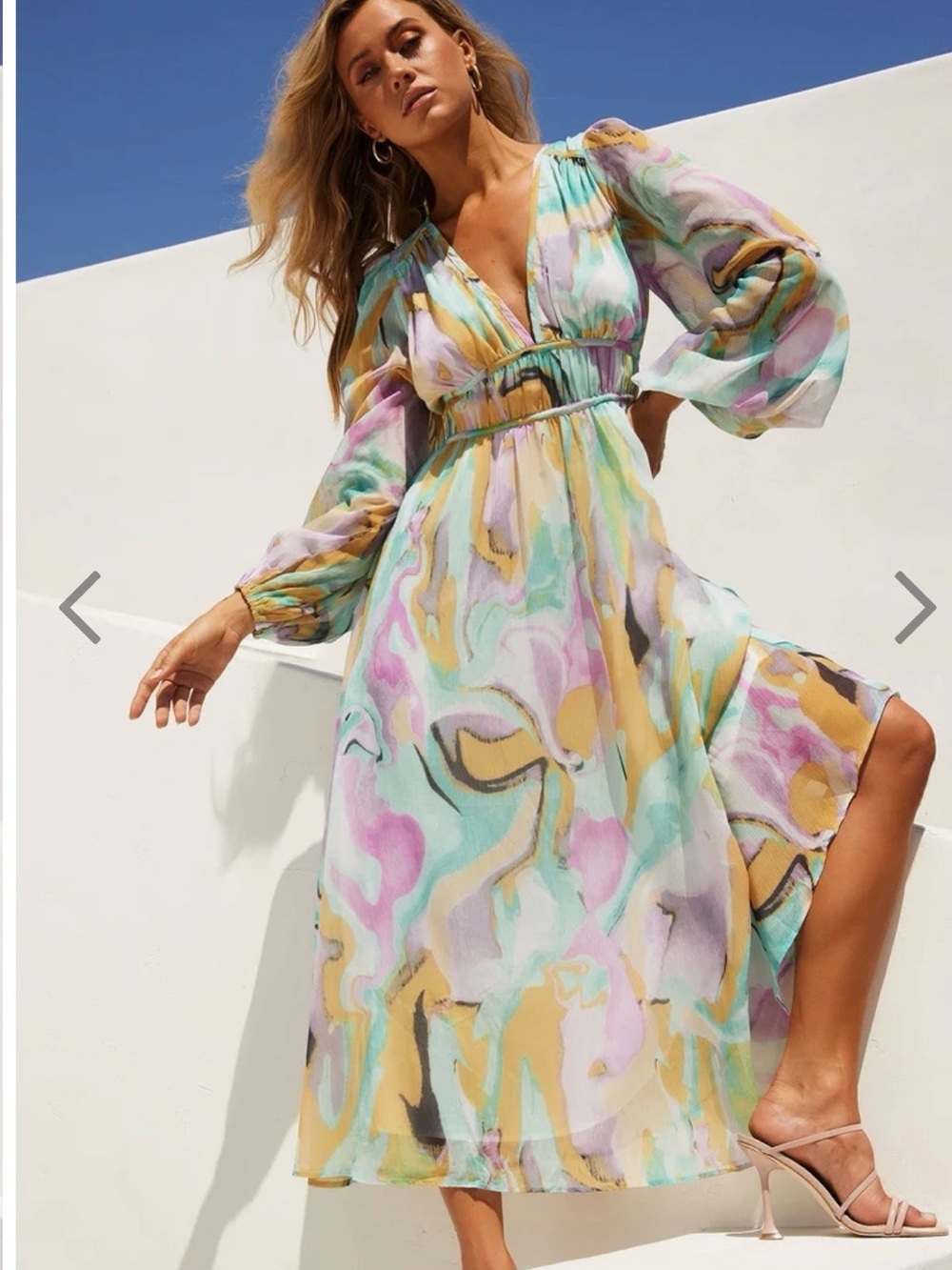 Pastel Multicolor V-Neck Maxi Dress with Long Sleeves